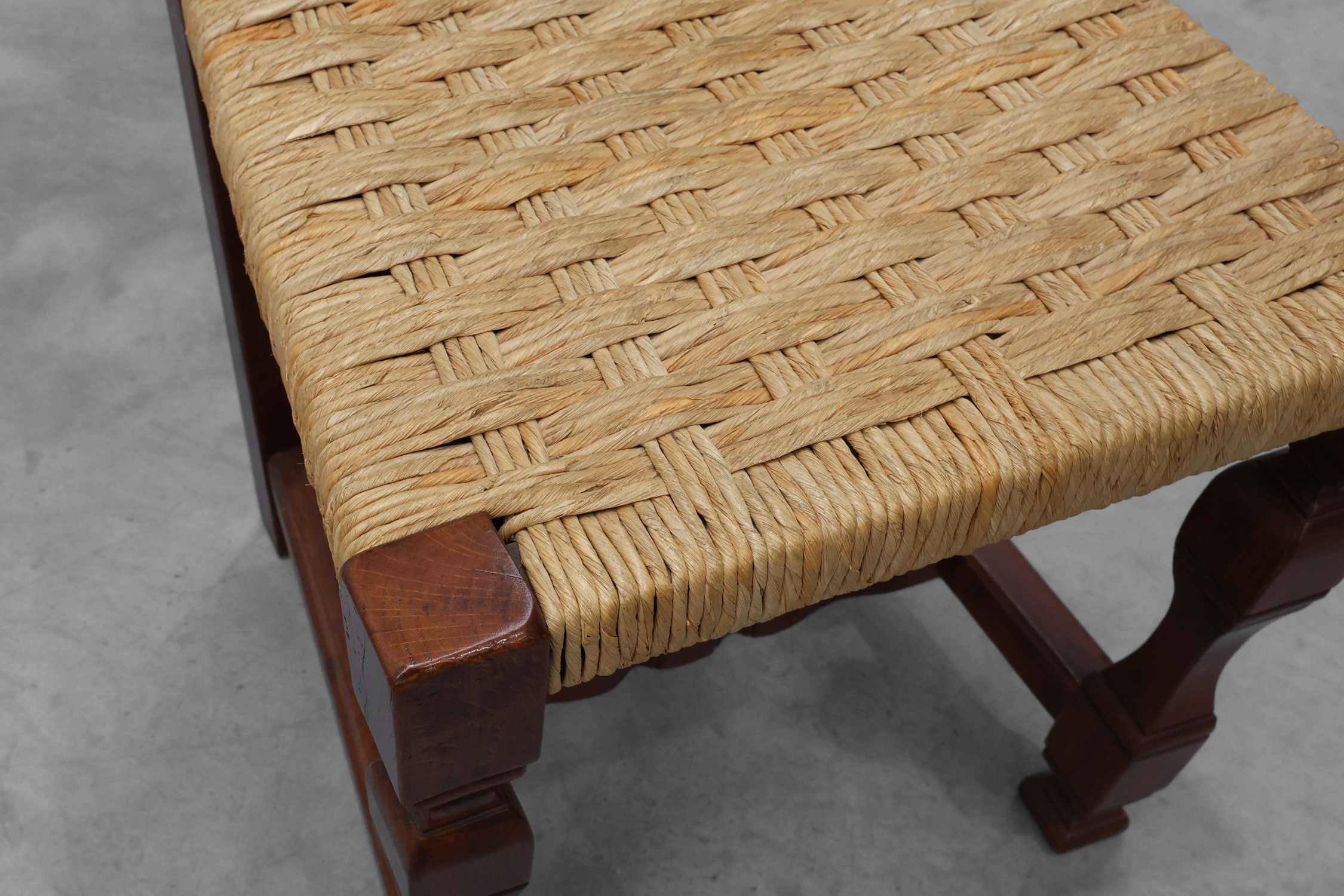 Set of 8 Brutalist Mid-Century Chairs in Wood and Wicker, Belgium ca. 1970thumbnail